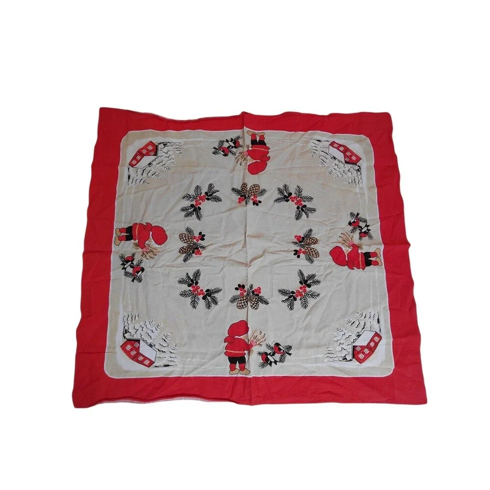 Swedish Christmas Tablecloth 100% Cotton Elves Pinecones Birds Winter 37” x 34.5